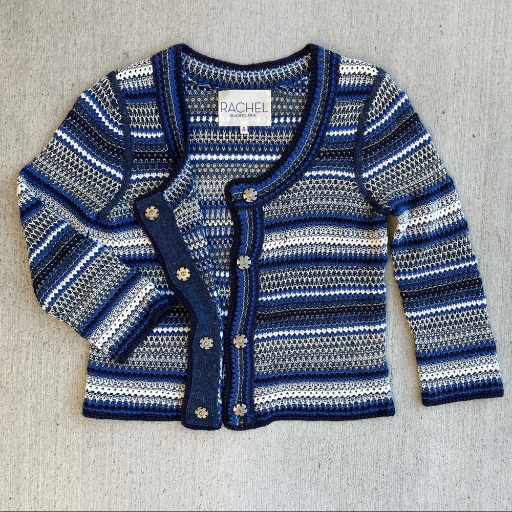 2 for $25 Rachel Roy blue white knit snap front cardigan M - Picture 7 of 8